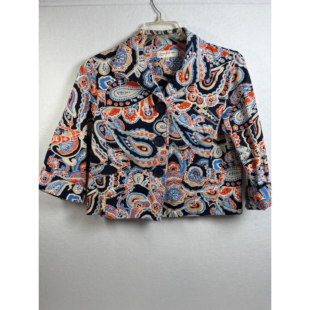Jones New York Sport Jacket Womens M Blue Orange Cotton Paisley Cropped Boho